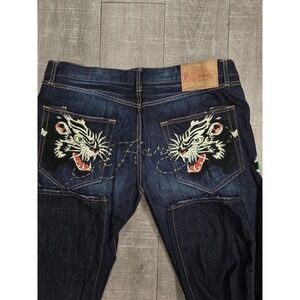 Ed Hardy Jeans Mens 40x32 Blue Denim Tiger Snake Graphic Embroidered Button Fly
